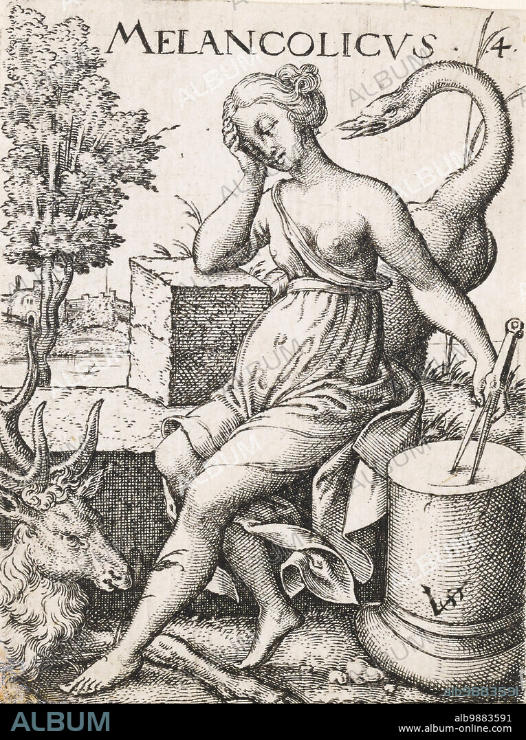 Melancholic temperament, the four different temperaments, documented on human types. The four temperaments are the sanguine, the choleric, the phlegmatic and the melancholic temperament, 1767, Germany, Historical, digitally restored reproduction from a 19th century original.
