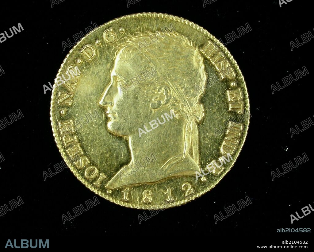 NUMISMATICA. MONEDA MODERNA. TRESCIENTOS VEINTE REALES DE VELLON DE ORO, DE JOSE NAPOLEON. ANVERSO. CABEZA CON DIADEMA A LA IZQUIERDA. (DEPOSITO: MUSEO ARQUEOLOGICO NACIONAL).