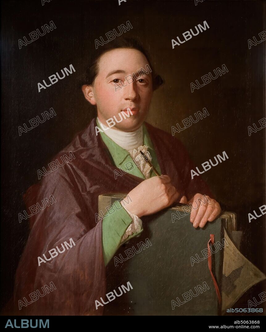 Portrait of William Westley, 1750-1800 James Millar, Surveyor, made maps of Birmingham charting its growth in 18th Century, Book, Oil Painting, Portrait, Male, Clothing, Coat.