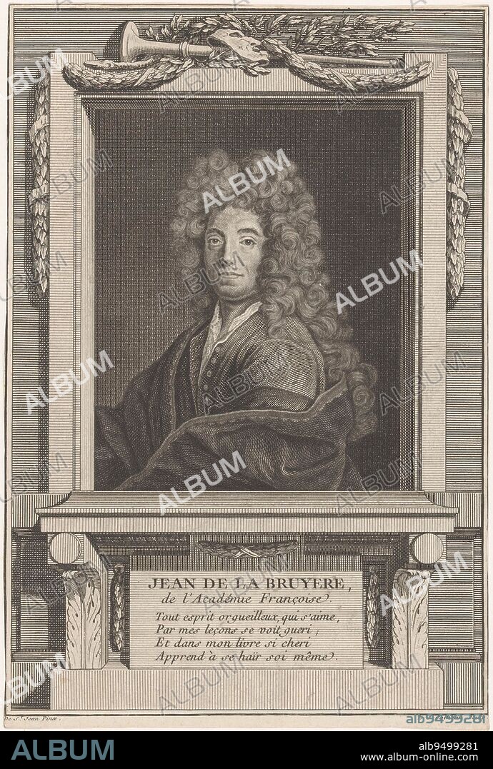 Portrait of Jean de la Bruyère Front title page: La Bruyère, Jean de. Les Caractères de Théophraste et de La Bruyère, with notes by M. Coste, 1765, print maker: Louis Jacques Cathelin, (mentioned on object), after: Jean de Saint-Jean, (mentioned on object), publisher: Hochereau, print maker: France, after: France, publisher: Paris, 1765, paper, engraving, etching, h 243 mm × w 163 mm.