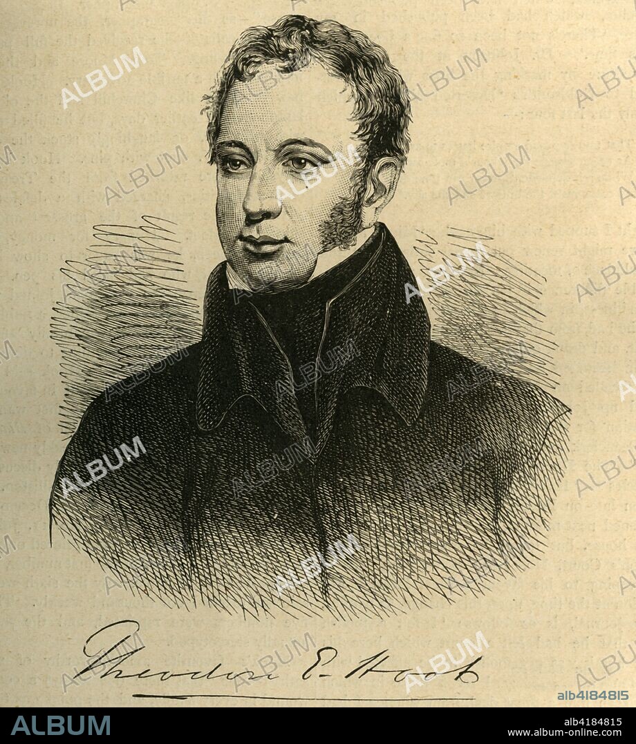 'Theodore E. Hook', (1897). British writer and composer Theodore Edward Hook (1788-1841) is known for practical jokes, particularly the Berners Street hoax in 1810. He received the first postcard in 1840, which he probably posted to himself. From Old and New London, Volume I, by Walter Thornbury. [Cassell and Company, Limited, London, Paris & Melbourne, 1897].