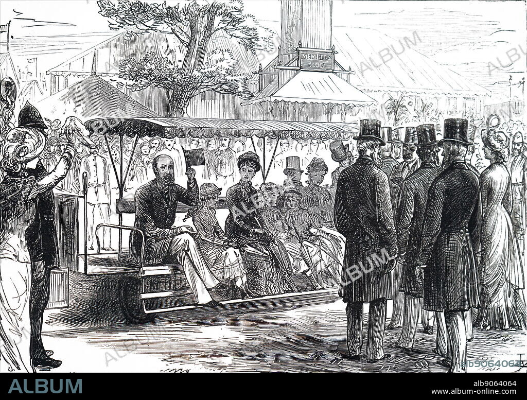 Illustration depicting a Decauville narrow gauge railway laid down by Fowler & Co. of Leeds at the International Agricultural Show. Dated 19th century.