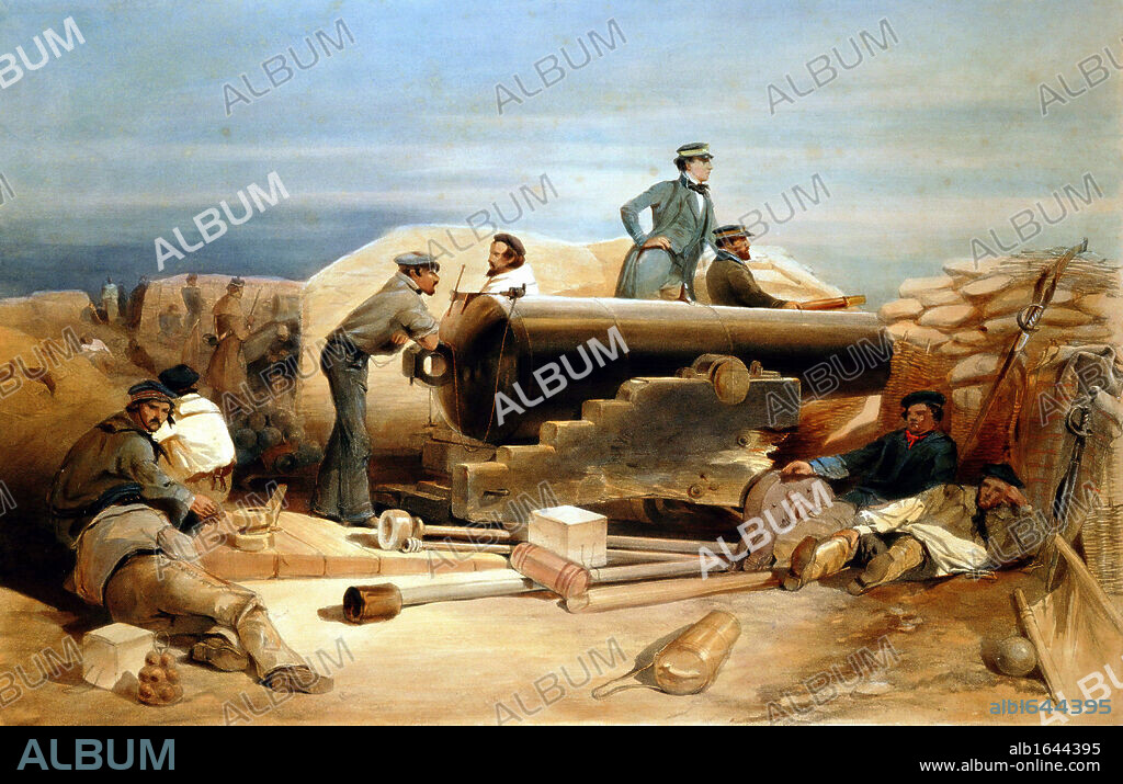 Crimean (Russo-Turkish) War 1853-1856: 'A Quiet Day in the Diamond Battery - portrait of a Lancaster 68-pounder'. From William Simpson Illustrations of the War in the East London 1855-1856.