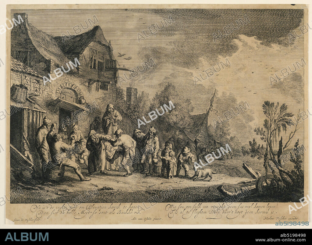 The Dance In Front of An Inn, Jan de Visscher, Dutch, 1633 - 1692, Adriaen van Ostade, Netherlandish, 1610 1685, Engraving on paper, In front of an old house, at left, a couple are dancing. A musician who plays a clarinet, stands behind them. Several onlookers surround them in semi-circle. Houses in background with a group of peasants standing in front of one of them. Inscribed, lower margin: 'Nu is't de reghte tydt... kekmisis'; lower left: 'Joan de Vischer fecit'; lower center: 'Ad. van Ostade pinxit'; lower right: 'Nicolaus Visscher execudit'., Netherlands, ca. 1670, Print, Print.