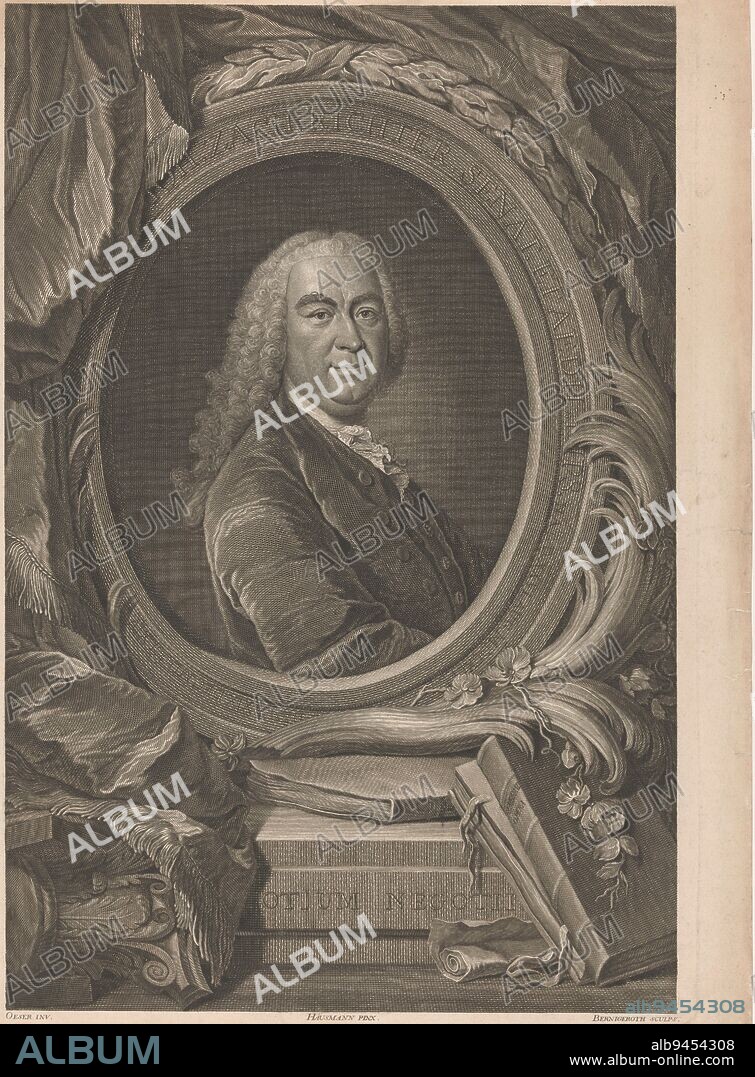 Portrait of Johann Zacharias Richter, Johann Martin Bernigeroth, after Adam Friedrich Oeser, after Elias Gottlob Haußmann, 1764 - 1767, In addition to being a merchant and councilman, Johann Zacharias Richter was also an art lover. In the foreground is a book titled 'Rembrandt Opera'. Behind it a book titled 'Raphael'., print maker: Johann Martin Bernigeroth, (mentioned on object), Adam Friedrich Oeser, (mentioned on object), after: Elias Gottlob Haußmann, (mentioned on object), Leipzig, 1764 - 1767, paper, engraving, h 487 mm × w 336 mm.