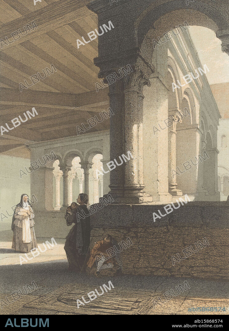 Cloister of the St. Gertrude Church in Nivelles, Le cloître Ste Gertrude a Nivelles / Das Kloster St Gertrud in Nivelles / Cloister of St Gertude at Nivelles (title on object), Buildings and monuments in Belgium (series title), Monuments d'architecture et the sculpture en Belgique (series title), print maker: François Stroobant, after own design by: François Stroobant, printer: Simonau & Toovey, Brussels, 1852 - 1878, paper, height 526 mm × width 346 mm, print.