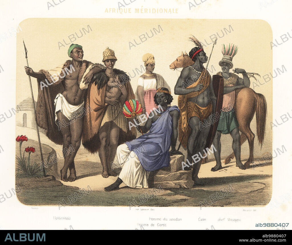 Costumes of Africa, 1858. Khoikhoi man and woman with sheepskin cloaks, woman from Sudan, Signare woman from the slave-trading Ile de Goree (Senegal), Zulu warrior with assegai spear and isihlangu cow-hide shield, and Musgum chief in feather headdress with ostrich bones (Cameroon). Hottentots, femme de Soudan, femme de Goree, Caffre, chef Mousgou. Handcoloured and sepia-tinted lithograph by Jean-Adolphe Bocquin after an illustration by Felix Fossey from Elisabeth Muller (pseudonym of Leonie Bedelet)s Le Monde en Estampes, The World in Prints, Amadee Bedelet, Paris, 1858.
