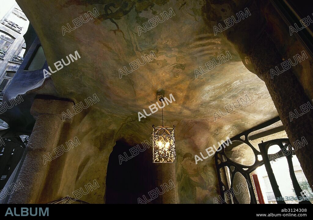Spain, Barcelona. Casa Mila or La Pedrera. Modernist building designed by Antonio Gaudi between 1906 and 1912. Ceiling in the foyer.