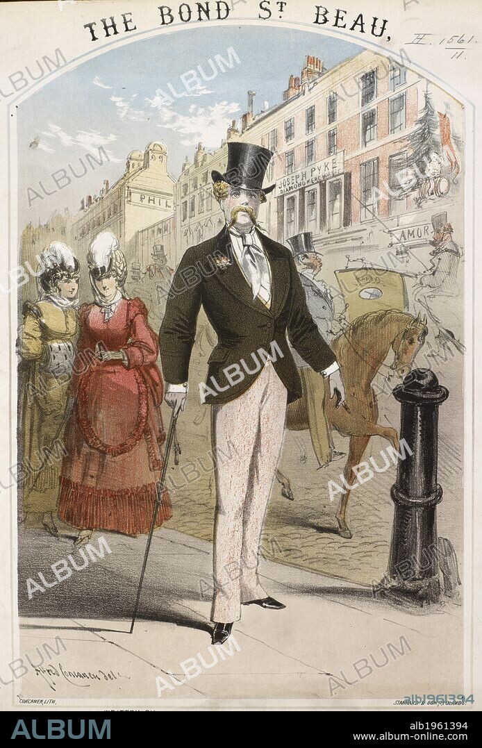 Street scene; man with top hat and cane. A dashing well dressed man in  Bond Street, London.  A fashion plate. Victorian style and history. song sheet cover. The Bond St. Beau song sheet. London, [1873]. The Bond St. Beau. [Song, begins: "In Bond street".] Written by F. W. Green. Lee, Alfred. Source: H.1561.(11) front cover (det).