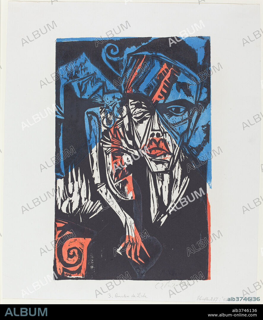 ERNST LUDWIG KIRCHNER. Peter Schlemihls wundersame Geschichte: Kämpfe. Qualen der Liebe (Peter Schlemihl's Wondrous Story: Battles. The Agonies of Love). Dated: 1915. Dimensions: block: 33.2 x 21.8 cm (13 1/16 x 8 9/16 in.)  sheet: 40.9 x 35 cm (16 1/8 x 13 3/4 in.). Medium: color woodcut from two blocks on wove paper.