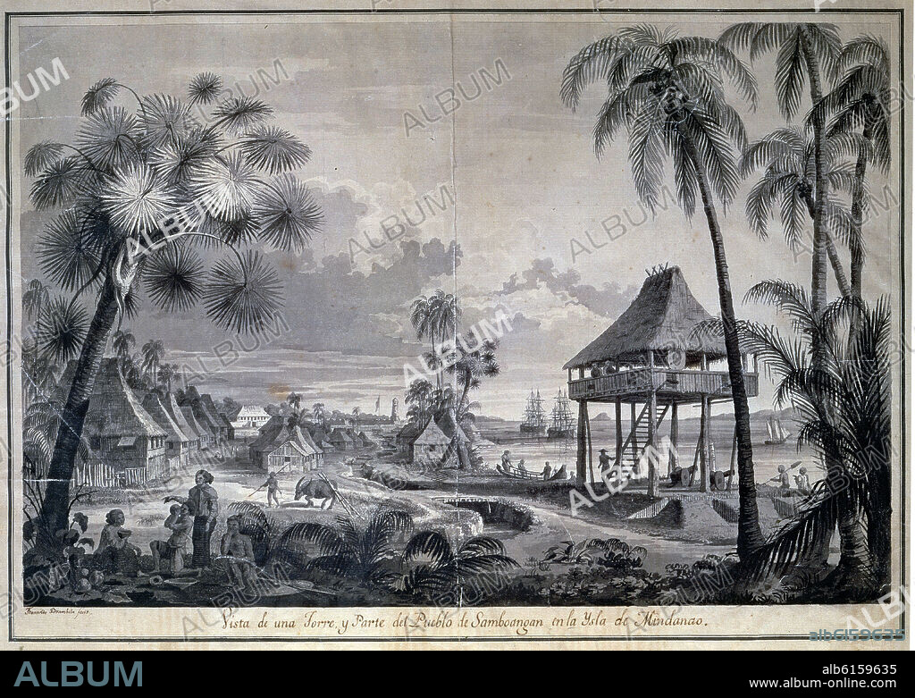 FERNANDO BRAMBILA. PUEBLO DE ZAMBOANGA EN ISLA MINDANAO (FILIPINAS) - SIGLO XVIII - TINTA A PLUMA Y AGUADA SEPIA - EXPEDICION MALASPINA.