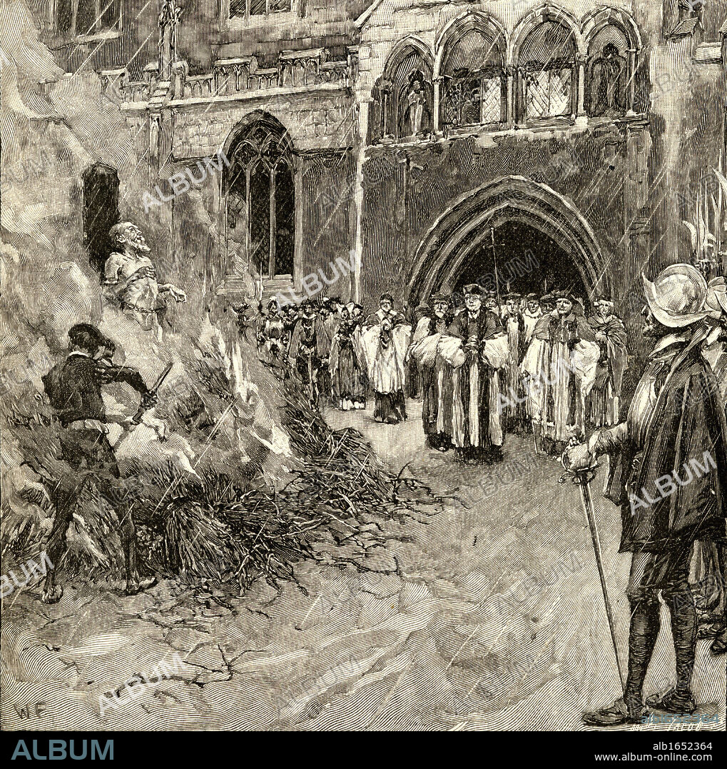 John Hooper c.1495-1555, English bishop of Gloucester and Worcester and martyr. Martyrdom of Hooper at Gloucester.