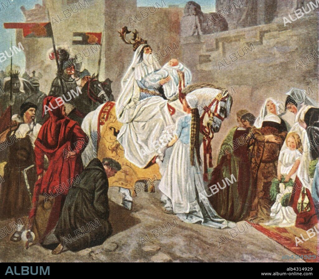 Homecoming of Eberhard of Württemberg after the battle of Döffingen, 1388, (1936). 'Heimkehr Des Grafen Eberhard Von Württemberg Nach Der Schlacht Bei Döffingen, 1388'. Eberhard II (Der Greiner), Count of Württemberg (1315-1392) lost his son Ulrich at the battle of Döffingen, (Germany). In this depiction, he is holding his grandchild, born on the same day his son died. From "Bilder Deutscher Geschichte", (Pictures of German History), No.12, cigarette card album. [Cigaretten-Bilderdienst, Altona-Bahrenfeld, Hamburg, Germany, 1936].