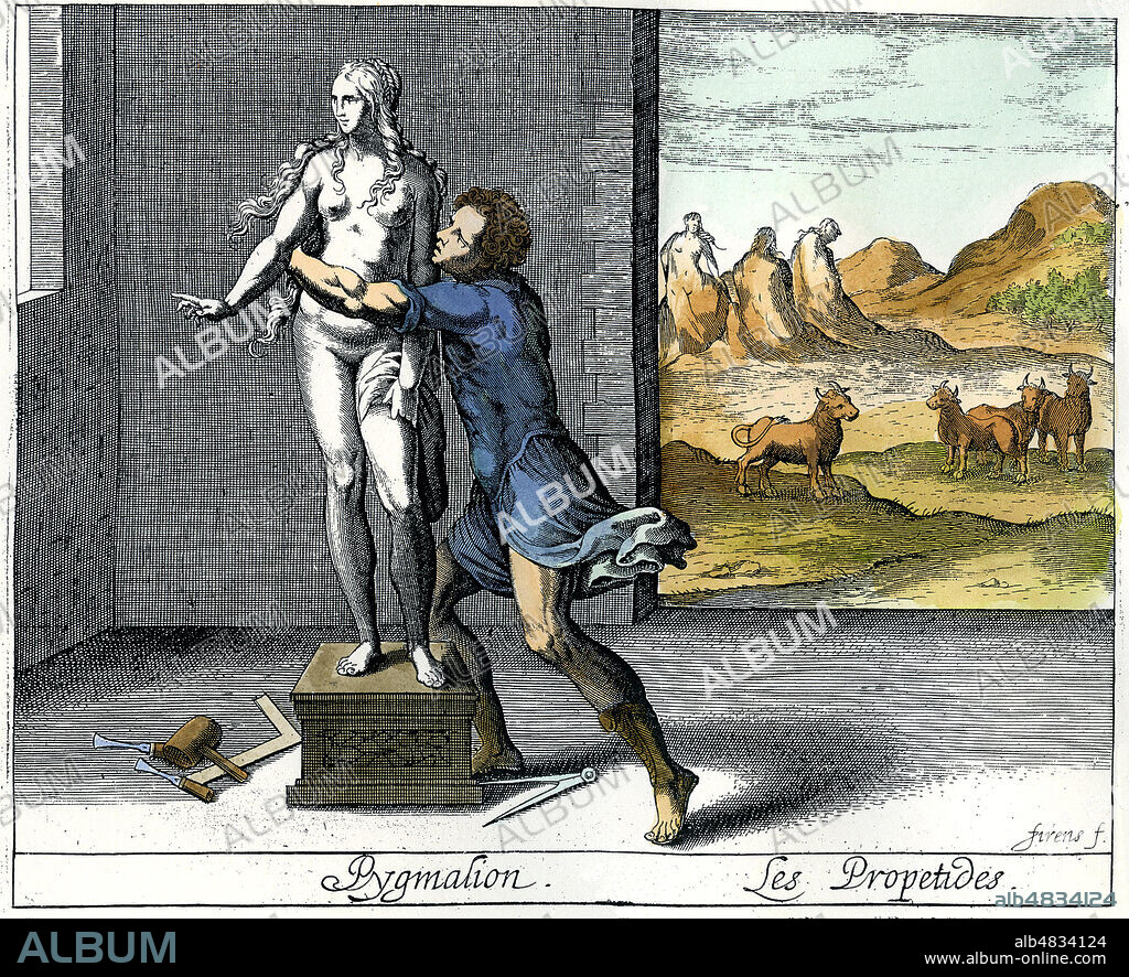 MYTHOLOGIE : PYGMALION et GALATEE, la statue d'albatre, a droite les Propetides (femmes vivant sur l'île de Chypre, presentees comme des prostituees ou des sorcieres, voire les deux, qui se livrent à des sacrifices humains en devorant leurs hôtes. Aphrodite decide de les punir car elles refusent de celebrer son culte et les metamorphose en statues de pierre. Ce mythe, relie à celui de Pygmalion et Galatee, condamne en fait l'independance de m½urs des femmes, déjà à l'époque associée à la prostitution ou la sorcellerie). Mythe de Pygmalion raconte dans les Metamorphoses d'OVIDE. Gravure francaise du 17eme siecle mise en couleurs par nos soins. Credit KHARBINE TAPABOR.