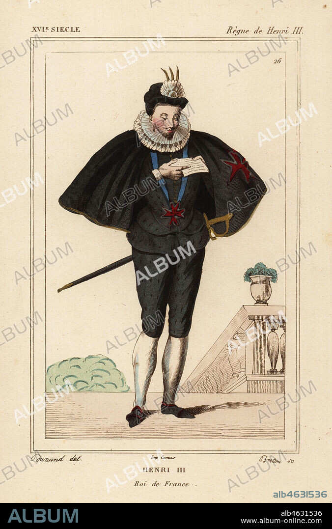 King Henry III, Henri III of France. Illustration by Dunand, lithograph by Breton after a portrait in Roger de Gaignieres' gallery portfolio IX 48 from Le Bibliophile Jacob aka Paul Lacroix's Costumes Historiques de la France (Historical Costumes of France), Administration de Librairie, Paris, 1852.