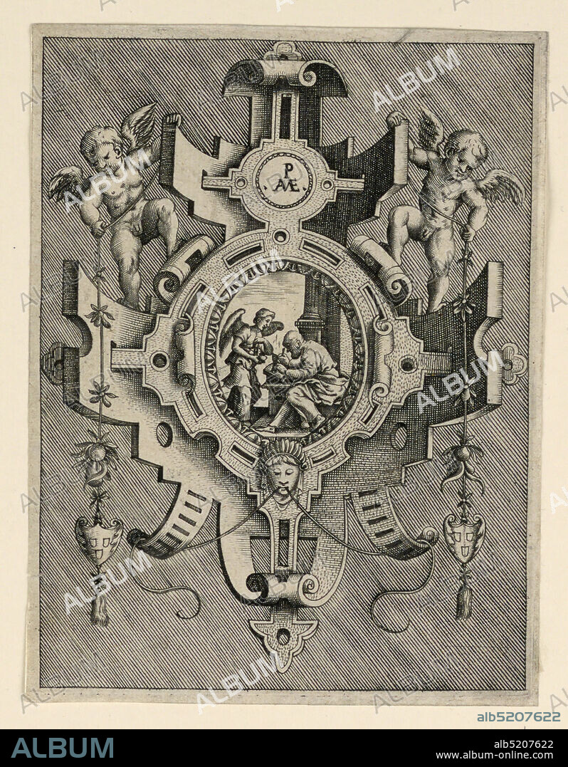 Scrollwork Escutcheon with Representation of Saint Matthew the Evangelist, Pieter van der Heyden, Flemish, 1530 - 1572, Jacob Floris the Elder, Flemish, 1524 - 1581, Engraving on paper, The angel dictates to Saint Matthew. Two putti hold festoons. Monogram of Merica., Netherlands, ca. 1565, Print, Print.