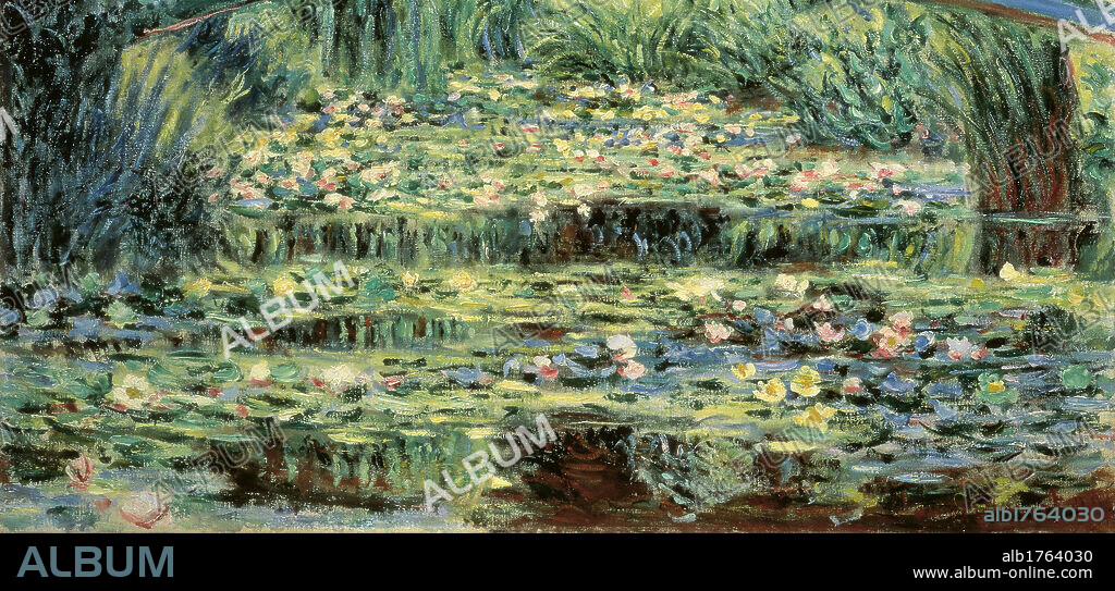 The White Water Lilies, by Claude Monet, 1899, 19th Century, oil on canvas, cm 89 x 93. Russia, Moscow, Pushkin Museum. Detail. Lilies body of water lake small lake green violet.