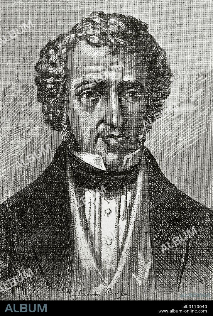 Juan Alvarez Mendizábal (1790-1853). Político liberal y hombre de negocios español. Personaje importante de la Revolución liberal española. En 1835 fue ministro de Hacienda, desde donde impulsó la desamortización de los bienes eclesiásticos. Retrato. Grabado por J. Serra Pausas. Historia de España, 1882.