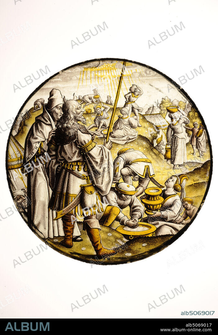 glass pane, c. 1510-1520, Diameter: 22.8cm 228mm, biblical representation, Round glass pane with a stained representation of the Manna rain from the biblical book Exodus. On the right, Moses, the man with the staff, travel bag and hair in the shape of horns, and Aaron watching the Israelites catch the manna from the air or pick it up from the ground with bowls and vessels. The heavenly rays indicate the presence of God. Image in grisaille and silver yellow, without frame, 1970.