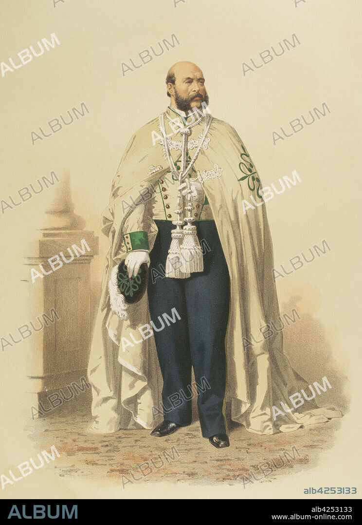 Caballero de la Orden de Alcántara en traje de ceremonia. Cromolitografía. Historia de las Ordenes de Caballería y de las Condecoraciones Españolas. Madrid, 1865.