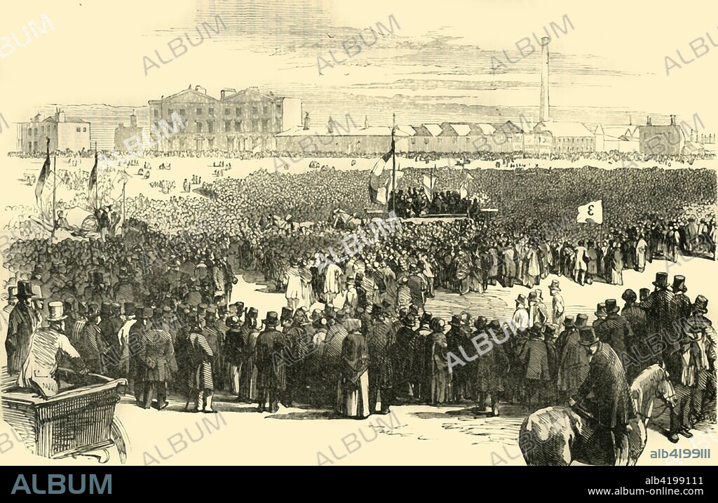 'The Chartist Meeting on Kennington Common, 1848', (c1878). Mass meeting of the working-class Chartist movement on 10 April 1848, at Kennington in south London. Irish Chartist leader Feargus O'Connor addressed up to 50,000 people over a petition in support of the Land Plan. From Old and New London: A Narrative of Its History, Its People, And Its Places. The Southern Suburbs, Volume VI, by Edward Walford. [Cassell, Petter, Galpin & Co., London, Paris & New York, c1878].