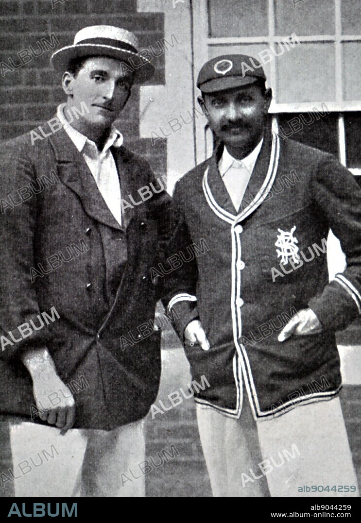 Photograph of C. B. Fry and Prince Ranjitsinhji. C. B. Fry (1872-1956) an English sportsman, politician, diplomat, academic, teacher, writer, editor and publisher. Prince Ranjitsinhji (1872-1933) ruler of the Indian princely state of Nawanagar from 1907 to 1933, as Maharaja Jam Saheb, and a noted Test cricketer who played for the English cricket team. Dated 20th century.