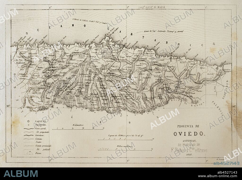 Mapa de la provincia de Oviedo. Asturias, España. Crónica General de España, Historia Ilustrada y Descriptiva de sus Provincias. Tomo Asturias y León, 1867. Biblioteca Histórico Militar de Barcelona, Cataluña, España.