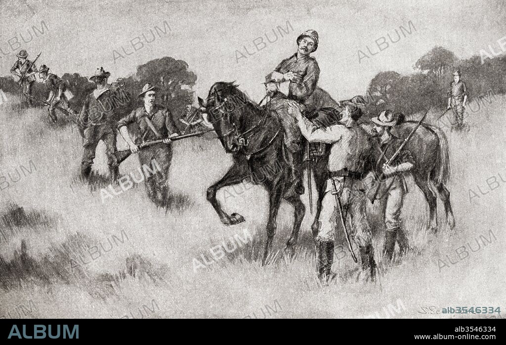The death of General Lawton at the Battle of Paye, December 19, 1899, during the Philippine-American War. Henry Ware Lawton, 1843 – 1899. U.S. Army officer. From The History of Our Country, published 1900.