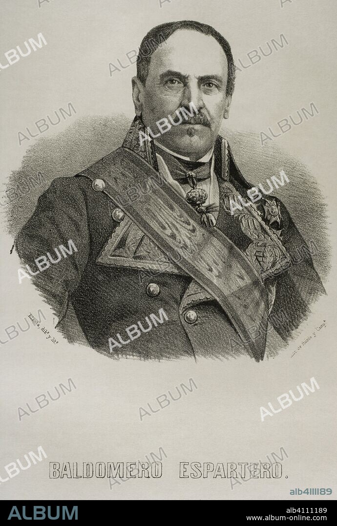 Joaquin Baldomero Fernandez-Espartero Alvarez de Toro (1793-1879), called Baldomero Espartero. Spanish military and politician. He served as the Regent of Spain. Drawing by Santiago Llanta. Lithography, 19th century. Cronica General de Espa–a, Historia Ilustrada y Descriptiva de sus Provincias. Castilla-La Nueva, 1869.