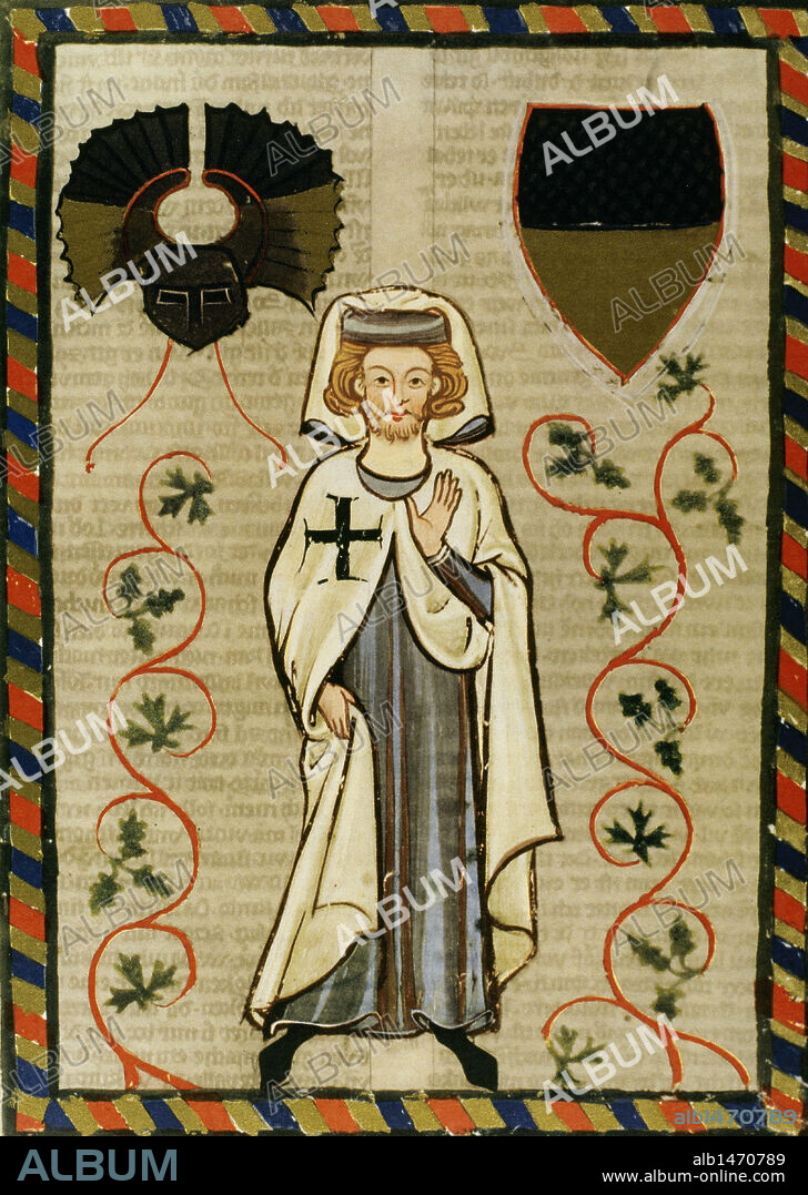 Der Tannhauser (1200-1305), poet and Crusader with a Greek cross on the layer, the symbol of the knights of the Teutonic Order. Fol.164r. Codex Manesse (ca.1300) by Rudiger Manesse and his son Johannes. University of  Heidelberg. Library. Germany.