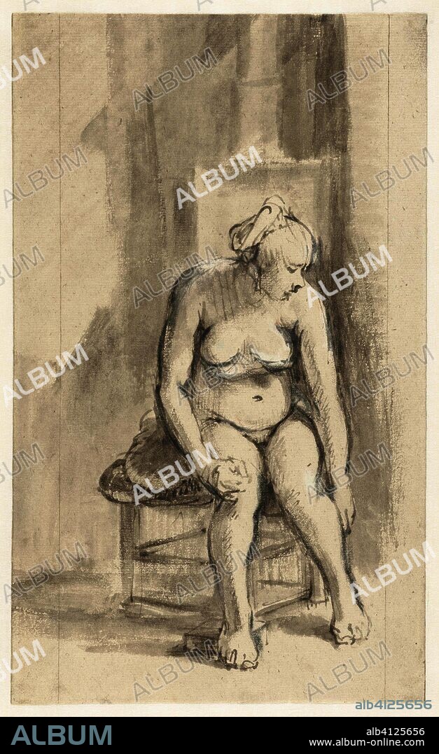 Nude Woman Seated by a Stove. Female Nude Seated in front of a Stove. Draughtsman: Rembrandt van Rijn. Dating: c. 1660 - c. 1662. Place: Amsterdam. Measurements: h 292 mm × w 175 mm.
