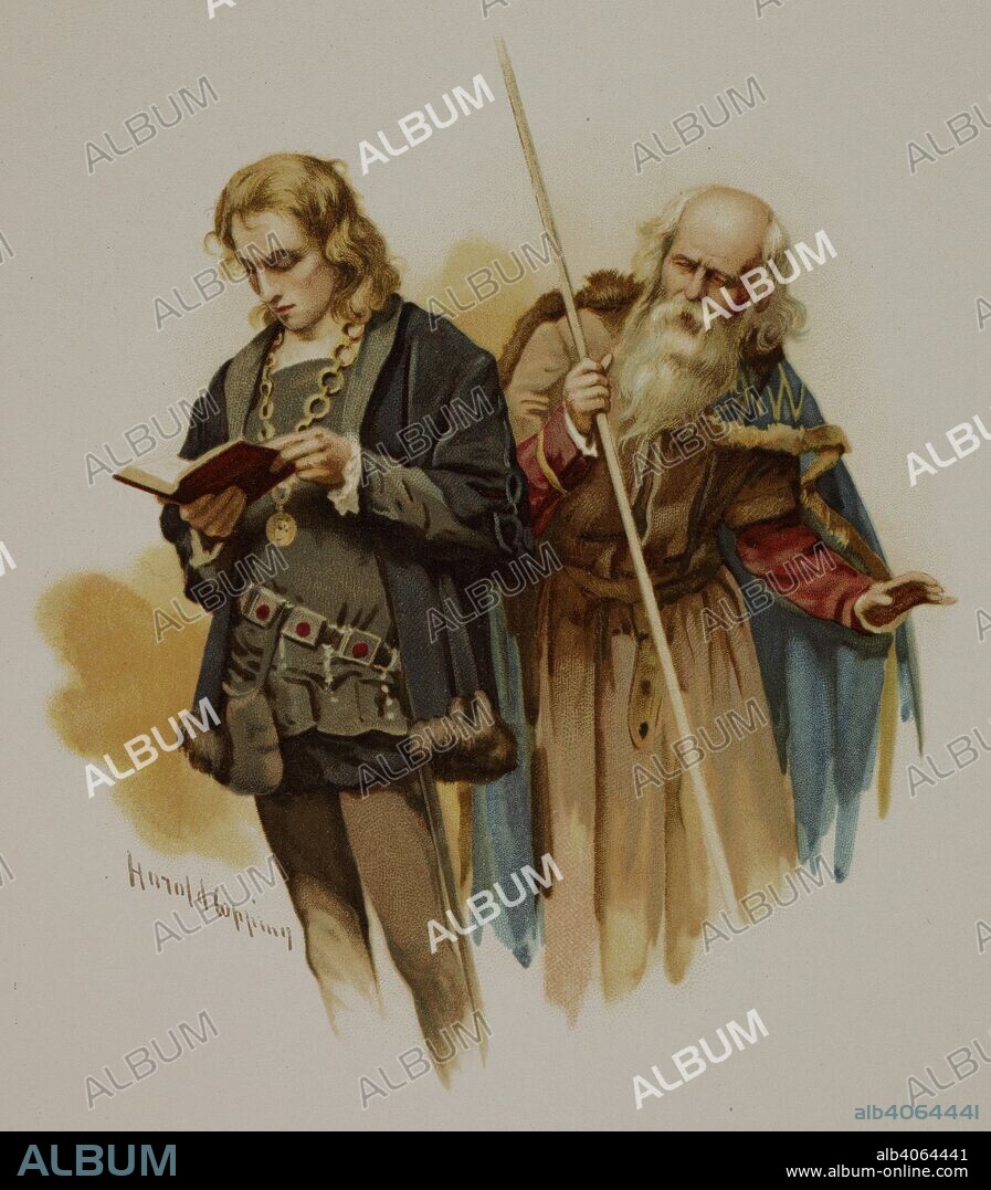 WILLIAM SHAKESPEARE. Hamlet reading. Polonius, standing behind him. Act II, scene II, from 'Hamlet'. Hamlet. Tuck & Sons: London, 1897. colour illustration. Source: 11764.m.9, opposite 28. Language: English.