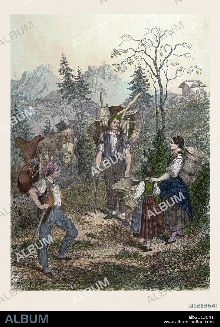 Countrylife 1857, man, woman, cows, farm, food and drink, basket, dishes, folk dress, 19th century, liszt gourmet archive.