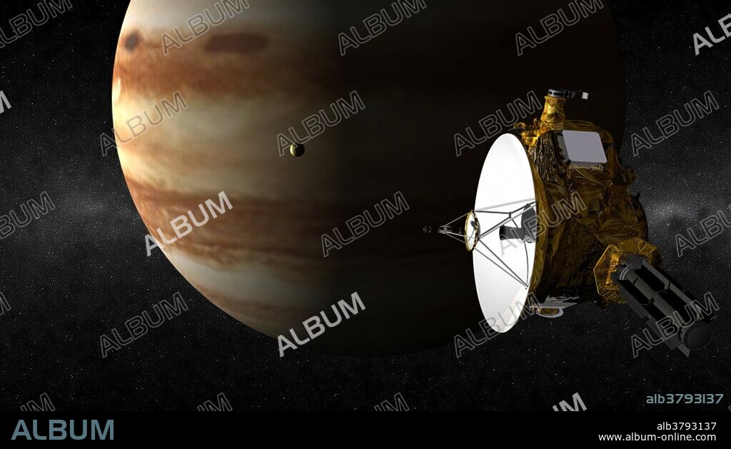 Although the main mission of NASA's New Horizons is to explore the Pluto system and the Kuiper Belt of icy, rocky objects, the spacecraft first flew by the solar system's largest planet, Jupiter, on the 28 of February 2007 -- just a little over a year after launch. In this artist's rendering, New Horizons soars past Jupiter as the volcanic moon Io passes between the spacecraft and planet.