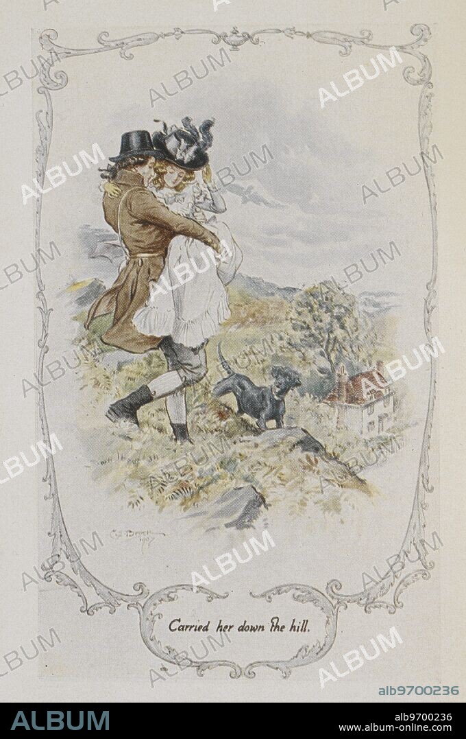 ' Carried her down the hill .'. Marianne Dashwood being assisted home by John Willoughby .. Sense and Sensibility by Jane Austen.