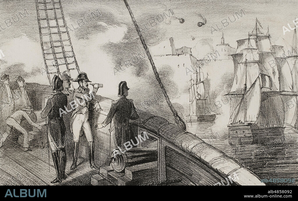 Guerra de la Independencia Española (1808-18014). Sitio de Cádiz (1810-1812). El asedio de la ciudad por parte de las tropas napoleónicas duró dos años y medio. Bombardeo de Cádiz. Ilustración por Francisco Pérez. Litografia por Julio Donón. Historia del Levantamiento, Guerra y Revolución de España, por el Conde de Toreno. Madrid,1851.