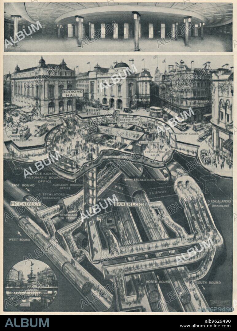 D MACPHERSON. 'A New Piccadilly Circus Below The Old As The Gateway to the Tubes', c1935. From Our Wonderful World, Volume I, edited by J.A. Hammerton. [The Amalgamated Press, Ltd., London].