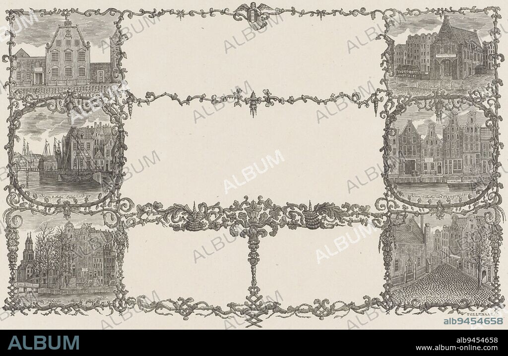Views of the Staalstraat, the Old Bridge, the Muidergracht, the Botermarkt, the Rozengracht and the Noordermarkt in Amsterdam, ornamented frame with six cityscapes in Amsterdam, print maker: Antonie Vink Tollenaar, (mentioned on object), Netherlands, 1815 - 1875, paper, h 296 mm × w 460 mm.
