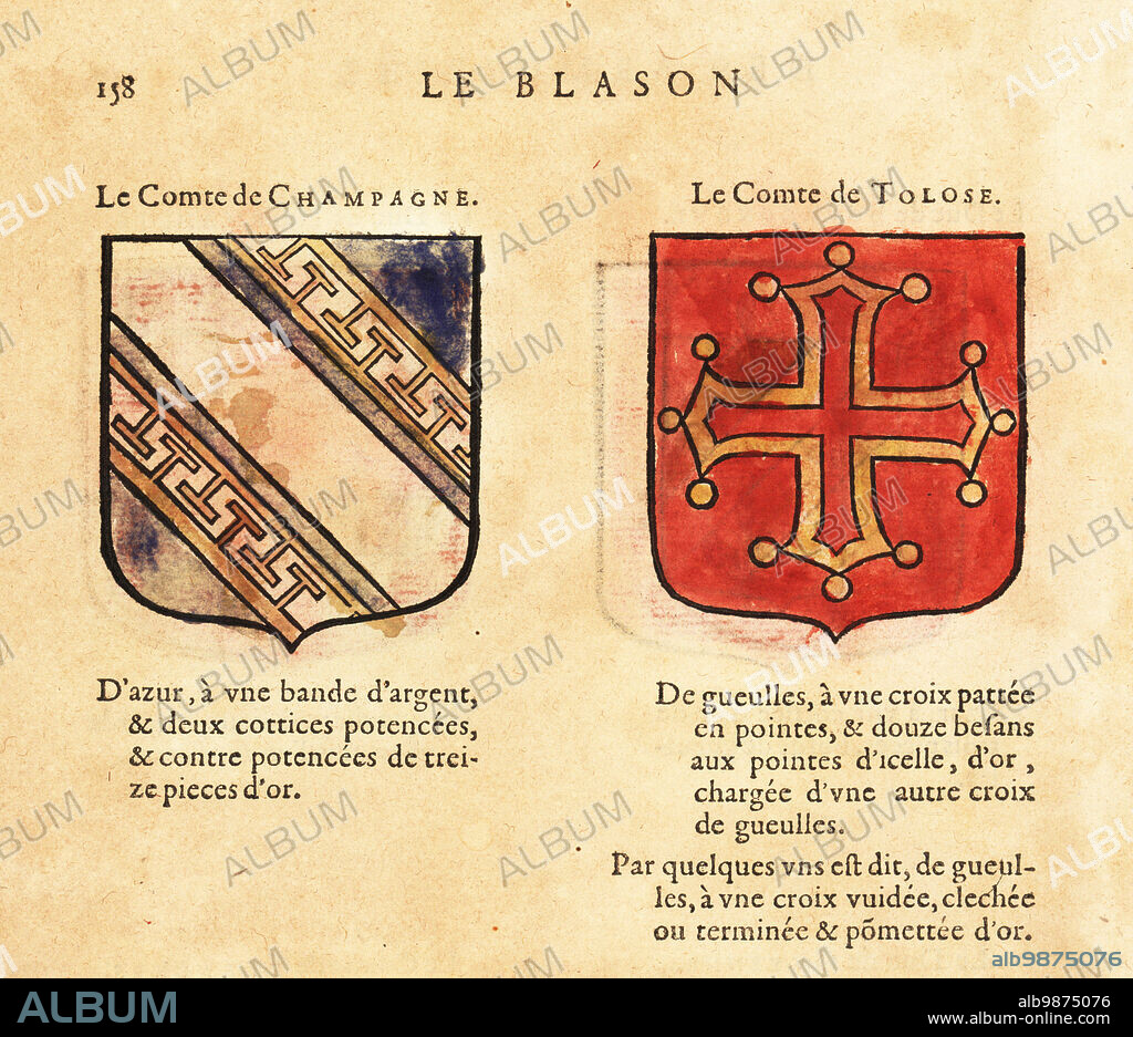 Coats of arms of the Count of Champagne, with silver bend on blue field, and the Count of Toulouse, with gold cross on red field. Le comte de Champagne, le Comte de Tolose. Handcoloured woodblock engraving from Hierosme de Baras Le Blason des Armoiries, Chez Rolet Boutonne, Paris, 1628.
