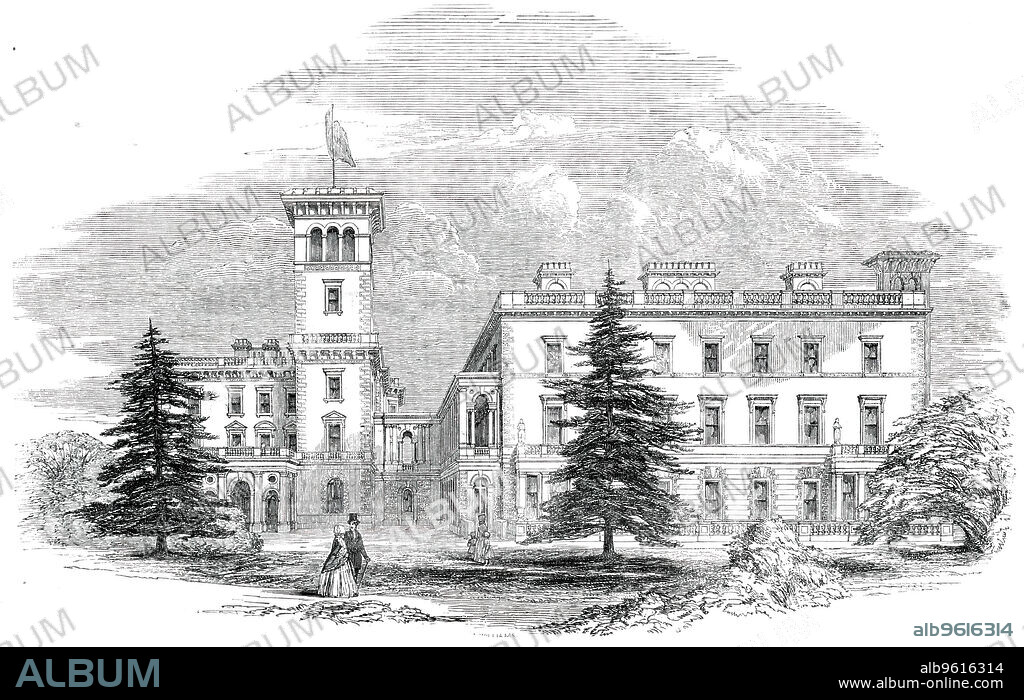 Osborne House - the Garden Front, 1850. Royal residence on the Isle of Wight: 'The entrance tower, with lofty campanile, is a conspicuous object...the main building...contains a great number of rooms for the Royal Family. The pleasure-grounds, or gardens, are very prettily laid out, and contain a profusion of flowering shrubs...The shrubs and dwarf trees, we should mention, are not entirely Royal additions to the beauties of Osborne, as great numbers of them, and especially those of larger growth - were planted by the former possessors of Osborne...the unassuming yet elegant character of Osborne is one of its most agreeable features; and, indeed, to our minds, this perfect simplicity, so opposed to regal grandeur, is proof of the high taste of refinement displayed by the Queen and Prince Albert in making this their retreat from the bustle of a London season'. From "Illustrated London News", 1850.
