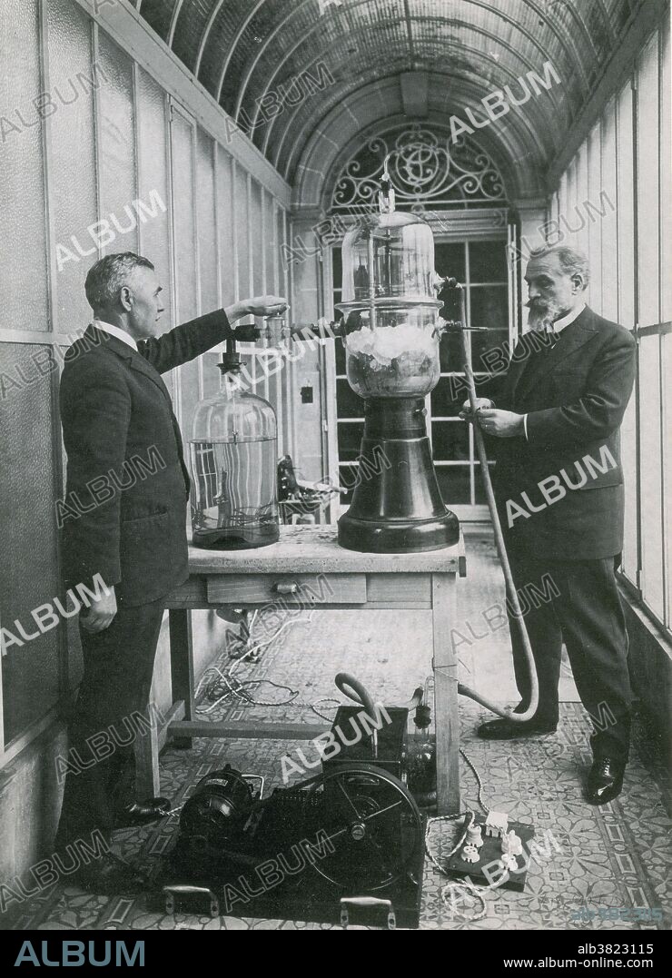 Claude in laboratory with unidentified assistant, 1926. Georges Claude (September 24, 1870 - May 23, 1960) was a French engineer and inventor. He is noted for his early work on the industrial liquefaction of air. The system enabled the production of industrial quantities of liquid nitrogen, oxygen, and argon. He developed neon tube lighting to exploit the neon that was produced as a byproduct of his air liquefaction business. He developed techniques for purifying the inert gases within a completely sealed glass tube and a design for minimizing the degradation of the electrodes that transfer electrical current from the external power supply to the glowing gases within the sign. Neon lighting quickly became a popular fixture in outdoor advertising. Visible even in daylight, people would stop and stare at the first neon signs for hours, dubbed "liquid fire." He also experimented on generating energy by pumping cold seawater up from the depths. Considered by some to be "the Edison of France", he was an active collaborator with the German occupiers of France during the Second World War. He was condemned to life imprisonment, and was imprisoned. In 1950 he was released from prison, with acknowledgment of his research on ocean thermal energy conversion. He died in 1960 at the age of 89.