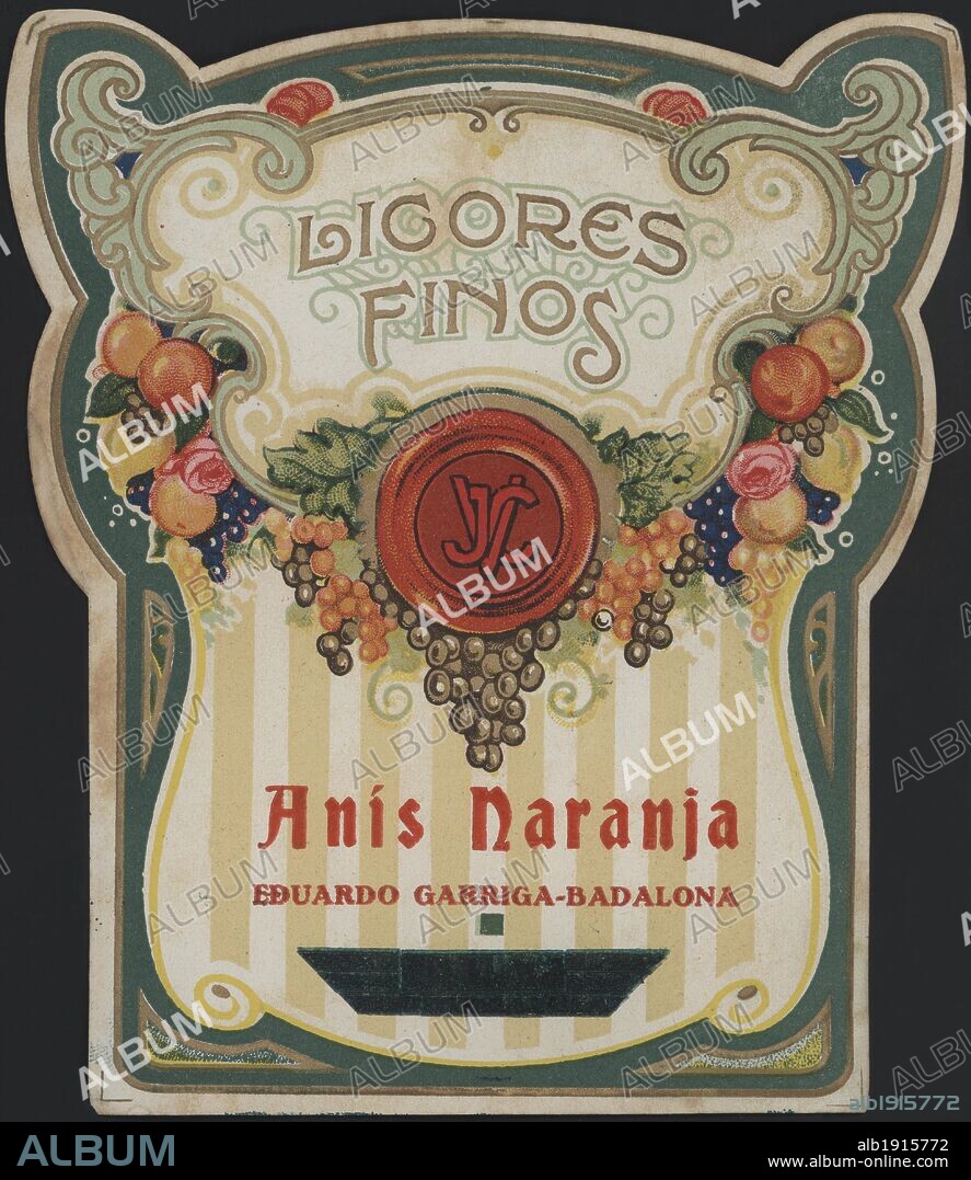 Publicidad. Etiqueta de Licores finos, anís naranja, de Bodegas Eduardo Garriga de Badalona. Años 1920.