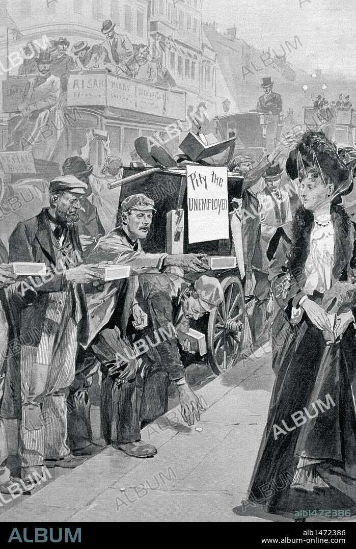 London. Recession of 1903. Unemployed workers asking for alms in the aristocratic neighborhoods of the city. In a carriage, full of obsolet tools after the Industrial Revolution, a banner with the inscription "Pity the unemployed". England. Engraving.