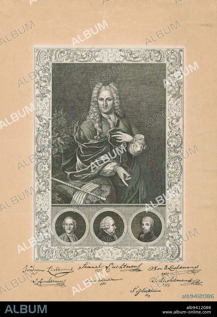 Portrait of Samuel Luchtmans, Portrait of Samuel Luchtmans, bookseller and book printer in Leiden. Next to him on the table is a recorder on open sheet music. In an ornamental frame with the portraits of Samuel II, Johannes and Samuel III Luchtmans at the bottom. Below the portrait signatures of members of the Luchtmans family. Numbered top right: 1856 Taf. I., print maker: Peter Deckers, (mentioned on object), after painting by: Hieronymus van der Mij, after painting by: Hendrik van Velthoven, Cologne, 1856, Material, lithographic engraving, height 447 mm × width 299 mm.