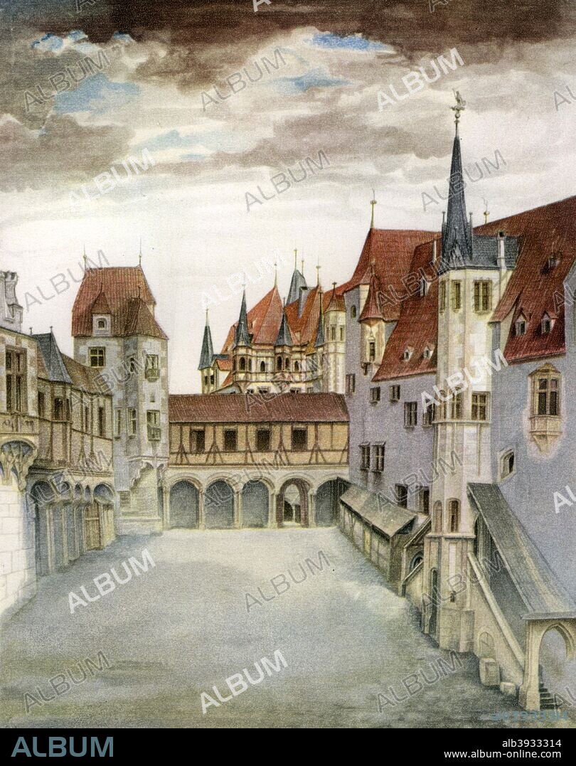 'Castle Courtyard, Innsbruck', 16th century, (1936). Found in the collection of the Graphische Sammlung Albertin, Vienna, Austria. A print from Durer, Und Seine Zeit, by Wilhelm Waetzoldt, Grosse Phaidon Ausgabe, 1936.