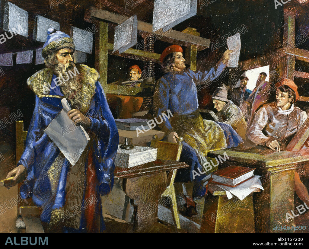 GUTENBERG, Johannes Gensfleisch, llamado (Maguncia h.1397-Maguncia,1468). Impresor alemán, considerado el inventor de la imprenta con la utilización de los caracteres móviles tipográficos.