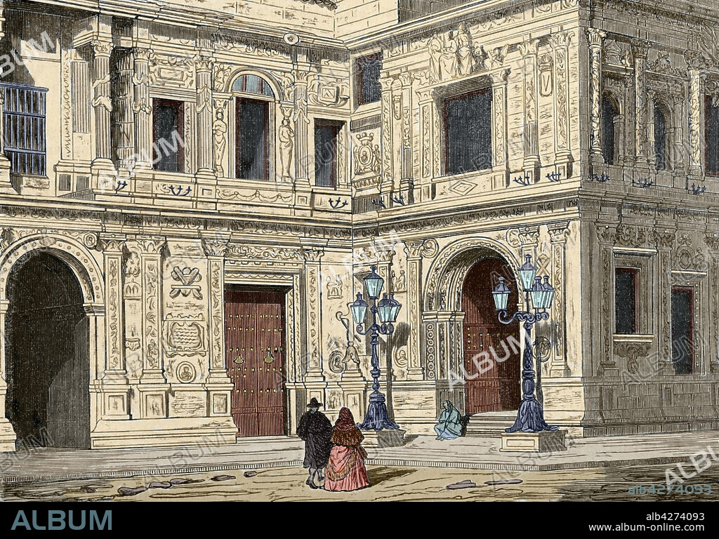 España. Andalucia. Sevilla. Casas Consistoriales. Edificio del siglo XVI, en estilo plateresco. Grabado por Soriano. Coloreado. Crónica General de España, Historia Ilustrada y Descriptiva de sus Provincias. Andalucía, 1867.