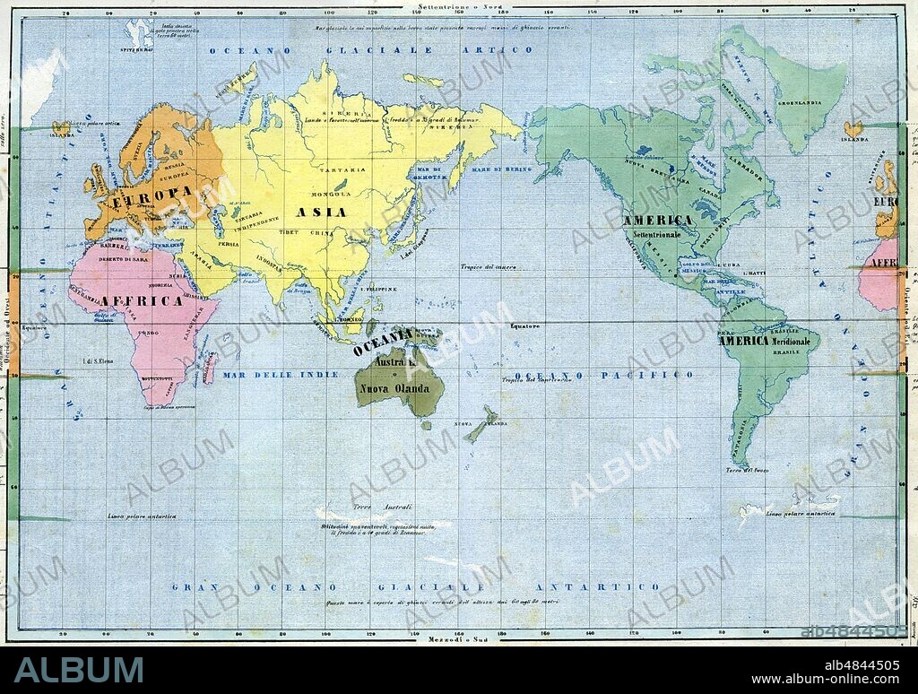 PLANISFERO or general prospectus of the globe. The emerged lands do not highlight the reliefs, but only the main hydrographic indications, are chromatically distinct in the five continents, and although there is no border line the names of the political / geographical areas are reported. Detail of the paper from table IV, from 'La Geografia at a glance', Lithograph Corbetta, Milan, 1853.