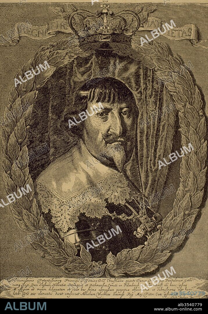 Cristian IV de Dinamarca (Castillo de Frederiksborg, Hillerod, 1577-Copenhague, 1648). Rey de Dinamarca y Noruega (1588-1648). Tomó parte en dos guerras contra Suecia y en la Guerra de los Treinta Años. Grabado por Th. Matham, siglo XVII.