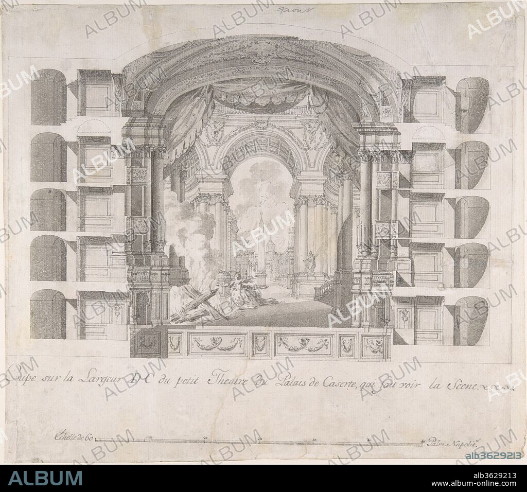 LUIGI VANVITELLI (ITALIAN, NAPLES 1700-1773 CASERTA), WORKSHOP OF. Transverse Section of the Small Theater at the Palace of Caserta, with a View of a Stage Design. Artist: Luigi Vanvitelli (Italian, Naples 1700-1773 Caserta) , workshop of. Dimensions: 11-3/16 x 12-3/4 in.  (28.4 x 32.4 cm). Date: 1700-1773.
